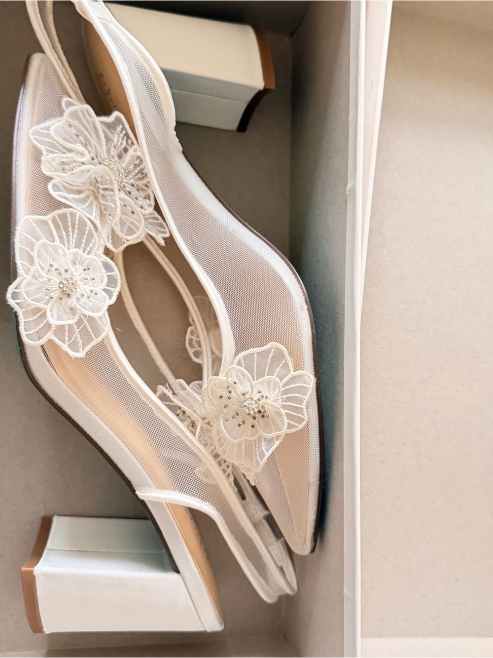 Betsey Johnson White Floral Mesh Block Heel Slingbacks
